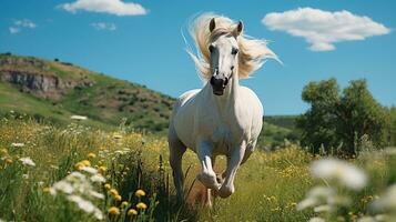 a white horse running on the wide grass photo