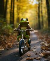 a cute frog on a minibike riding through a forest photo