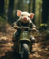 un linda cerdo en un mini bicicleta montando mediante un bosque foto