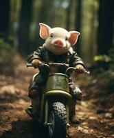 a cute pig on a minibike riding through a forest photo