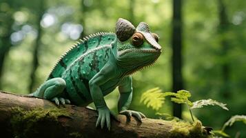 A unique colorful chameleon sits on a branch in a forest photo