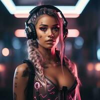 Cyberpunk woman portrait futuristic neon style photo