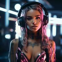 Cyberpunk woman portrait futuristic neon style photo