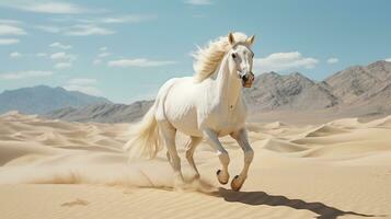 a white horse running over the desert photo