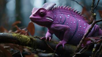 A unique colorful chameleon sits on a branch in a forest photo