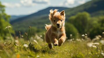 a Mini Pony Horse running on the wide grass photo