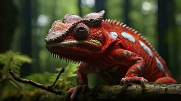 A unique colorful chameleon sits on a branch in a forest photo