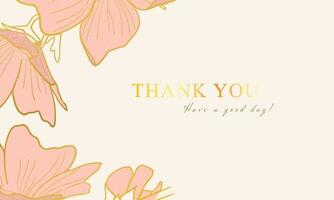 thank you card with pink flower and golden lines, glitter design, suitable for your project or small business, printable custom greeting card template vector