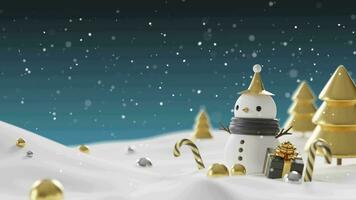 schattig sneeuwman met goud Kerstmis bal en sneeuw achtergrond video