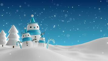 Cute snowman with blue christmas ball and snow background video