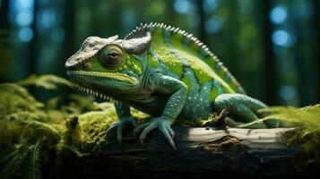 A unique colorful chameleon sits on a branch in a forest photo