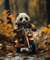 a cute panda on a minibike riding through a forest photo