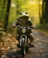 a cute frog on a minibike riding through a forest photo