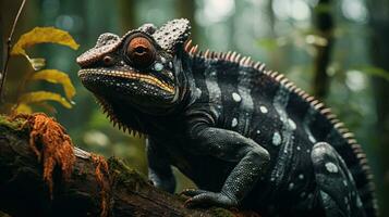 A unique colorful chameleon sits on a branch in a forest photo