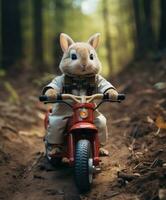 a cute bunny on a minibike riding through a forest photo