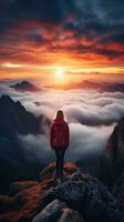 a woman on top of a mountain peak with view of clouds and sunrise photo