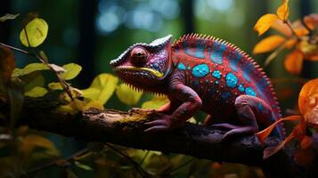 A unique colorful chameleon sits on a branch in a forest photo