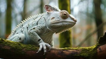 A unique colorful chameleon sits on a branch in a forest photo
