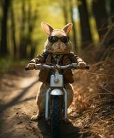 a cute bunny on a minibike riding through a forest photo