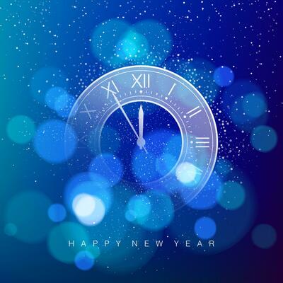 Clock Dial on Magic Blue Christmas Glitter Background with Bokeh. Vector illustration