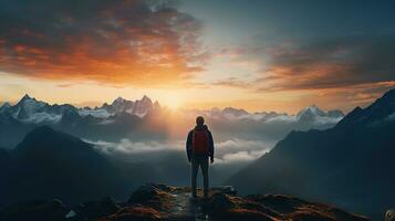 a man on top of a mountain peak with view of clouds and sunrise photo