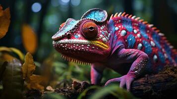 A unique colorful chameleon sits on a branch in a forest photo