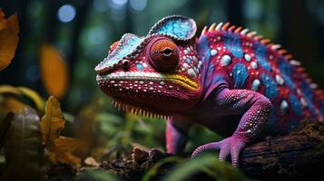 A unique colorful chameleon sits on a branch in a forest photo