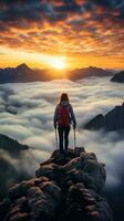 un mujer en parte superior de un montaña pico con ver de nubes y amanecer foto