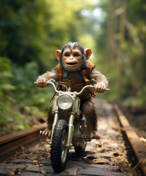a chimpanzee on a minibike riding through a forest photo