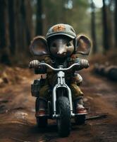 un linda bebé elefante en un mini bicicleta montando mediante un bosque foto