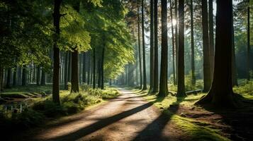 A forest with trees and a path in the morning with the sun shining on the street photo