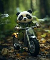 a cute panda on a minibike riding through a forest photo