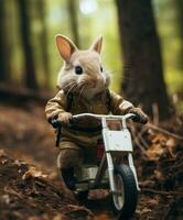 a cute bunny on a minibike riding through a forest photo