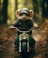 a cute pig on a minibike riding through a forest photo