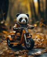 a cute panda on a minibike riding through a forest photo