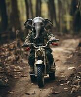 un linda bebé elefante en un mini bicicleta montando mediante un bosque foto