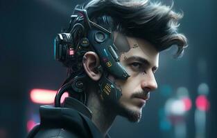 Cyberpunk Man portrait futuristic neon style wear a robotic headset photo