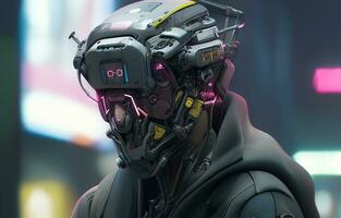 Cyberpunk Man portrait futuristic neon style wear a robotic headset photo