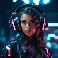 Cyberpunk woman portrait futuristic neon style photo