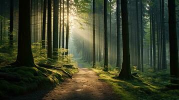 A forest with trees and a path in the morning with the sun shining on the street photo