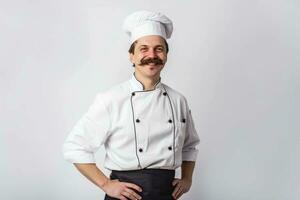 un hombre cocinero con un barba y Bigote en un blanco uniforme saluda clientes. blanco antecedentes. foto