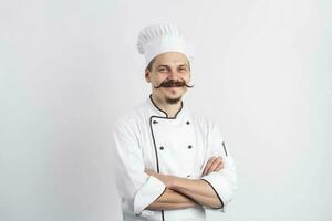 un hombre cocinero con un barba y Bigote en un blanco uniforme saluda clientes. blanco antecedentes. foto