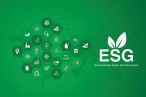 green gradient background with world map with ESG icon. concept of business trend. environmental, social, and governance in sustainable and ethical business vector