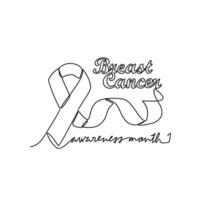 One continuous line drawing of breast cancer awareness month with white background. medical design concept in simple linear style. Awareness ribbon design concept vector illustration.