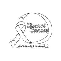 One continuous line drawing of breast cancer awareness month with white background. medical design concept in simple linear style. Awareness ribbon design concept vector illustration.