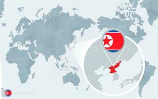 Pacific Centered World map with magnified North Korea. Flag and map of North Korea. vector