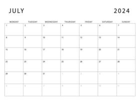 July 2024 calendar. Monday start. Monthly planner template. Vector design