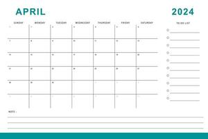 April 2024 calendar. Monthly planner template. Sunday start. Vector design