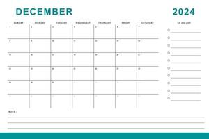 December 2024 calendar. Monthly planner template. Sunday start. Vector design