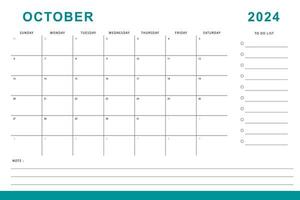 October 2024 calendar. Monthly planner template. Sunday start. Vector design